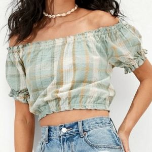 ISO ae off the shoulder plaid puff sleeve top